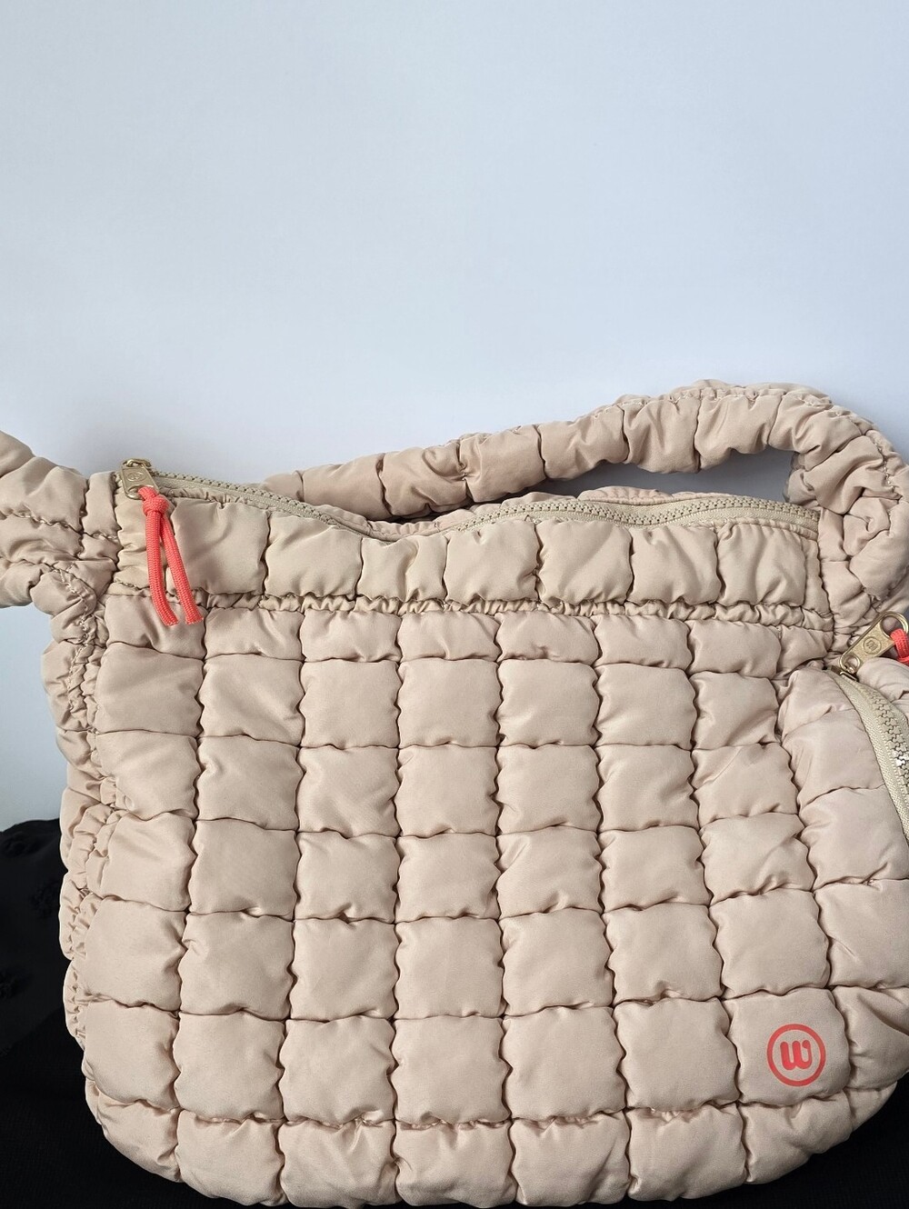 Wantable New Beige Quilted Women’s Shoulder Bag with Coral Accents